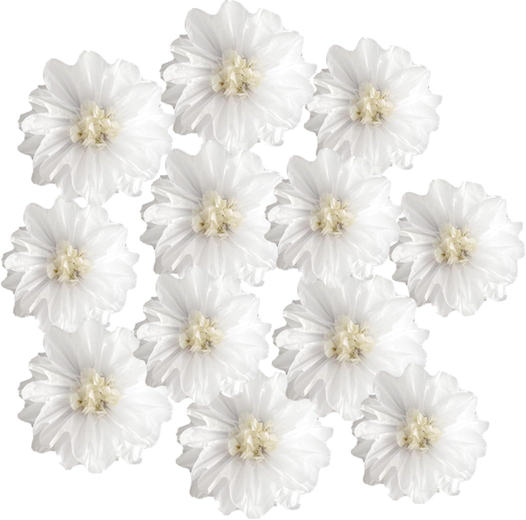 12pcs White Paper Flowers Pom Poms Decorations DIY Art Craft for Wedding Party Birthday Baby Shower
