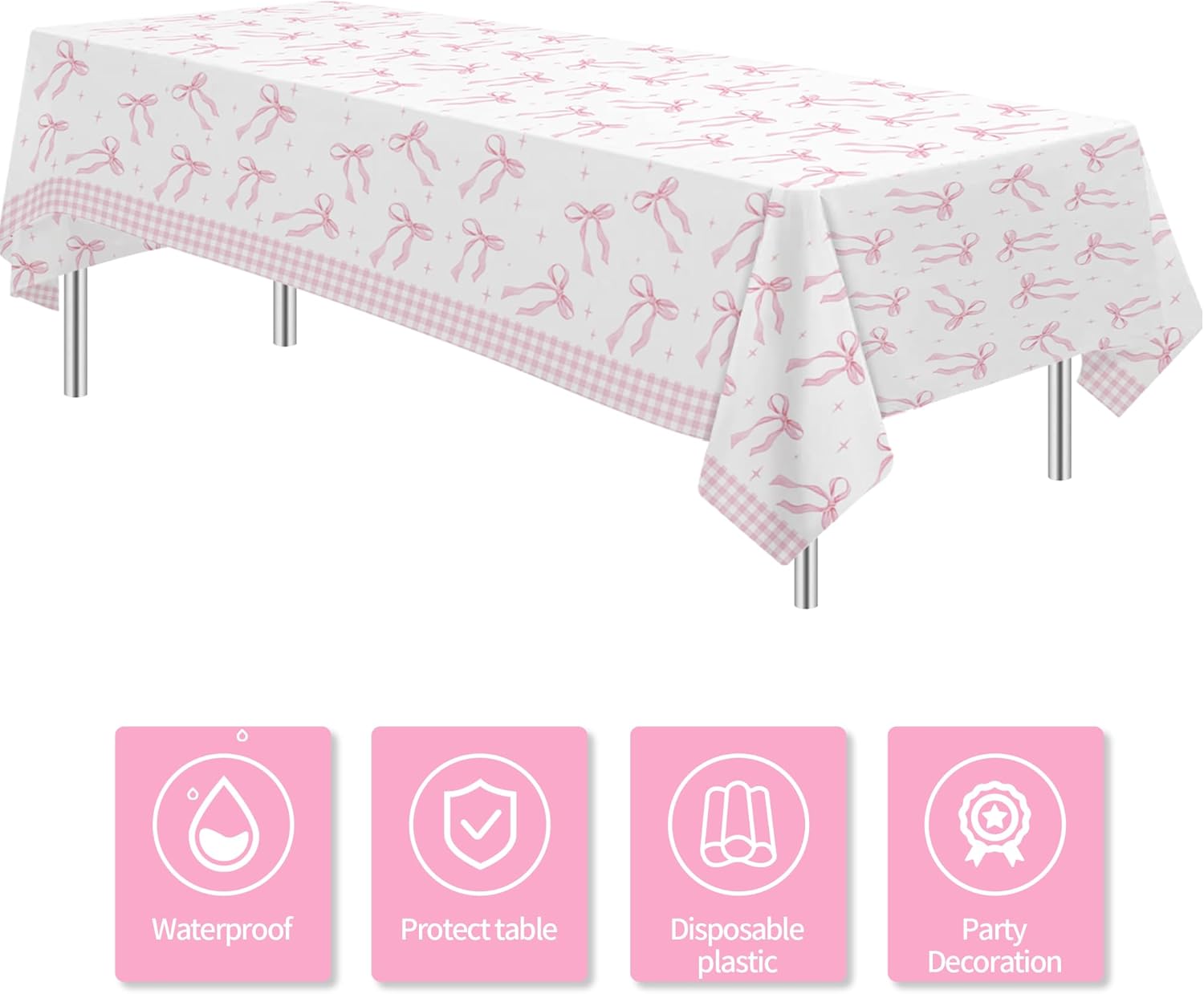 Pink Bow Party Decorations Tablecloth Set 3 Pack 86x55in