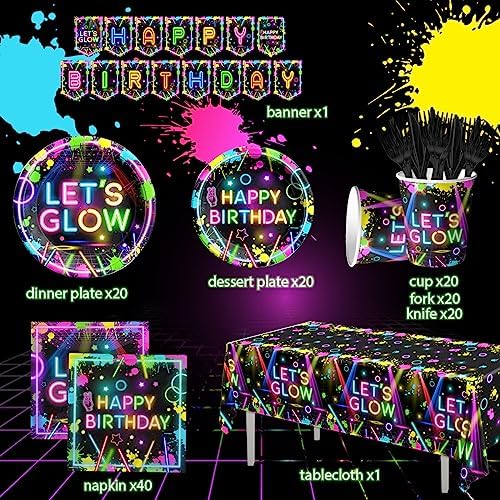 Neon Party Decor Set with 142 Pieces of Themed Tableware