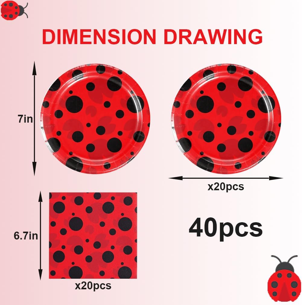40 Pcs Ladybug Plates Napkins Birthday Party Supplies for 20 Guests