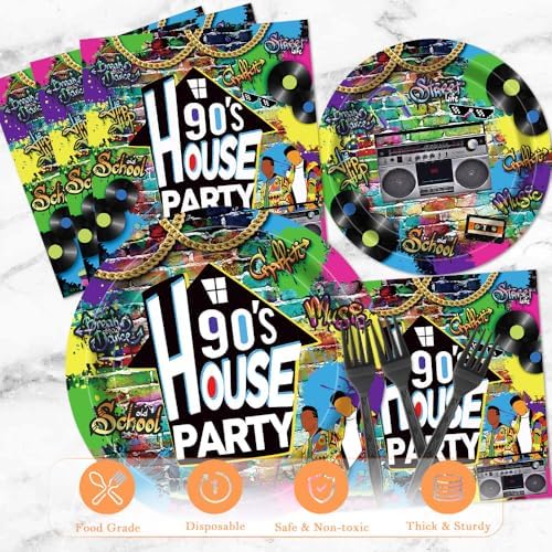 90s House Party Tableware Set 96 Pcs Retro Graffiti Disposable Plates Napkins Forks for 24 Guests