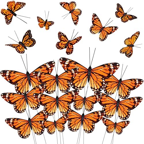 24 Pcs Monarch Butterfly Decorations Artificial Floral Picks with Wire for Wall and Vase