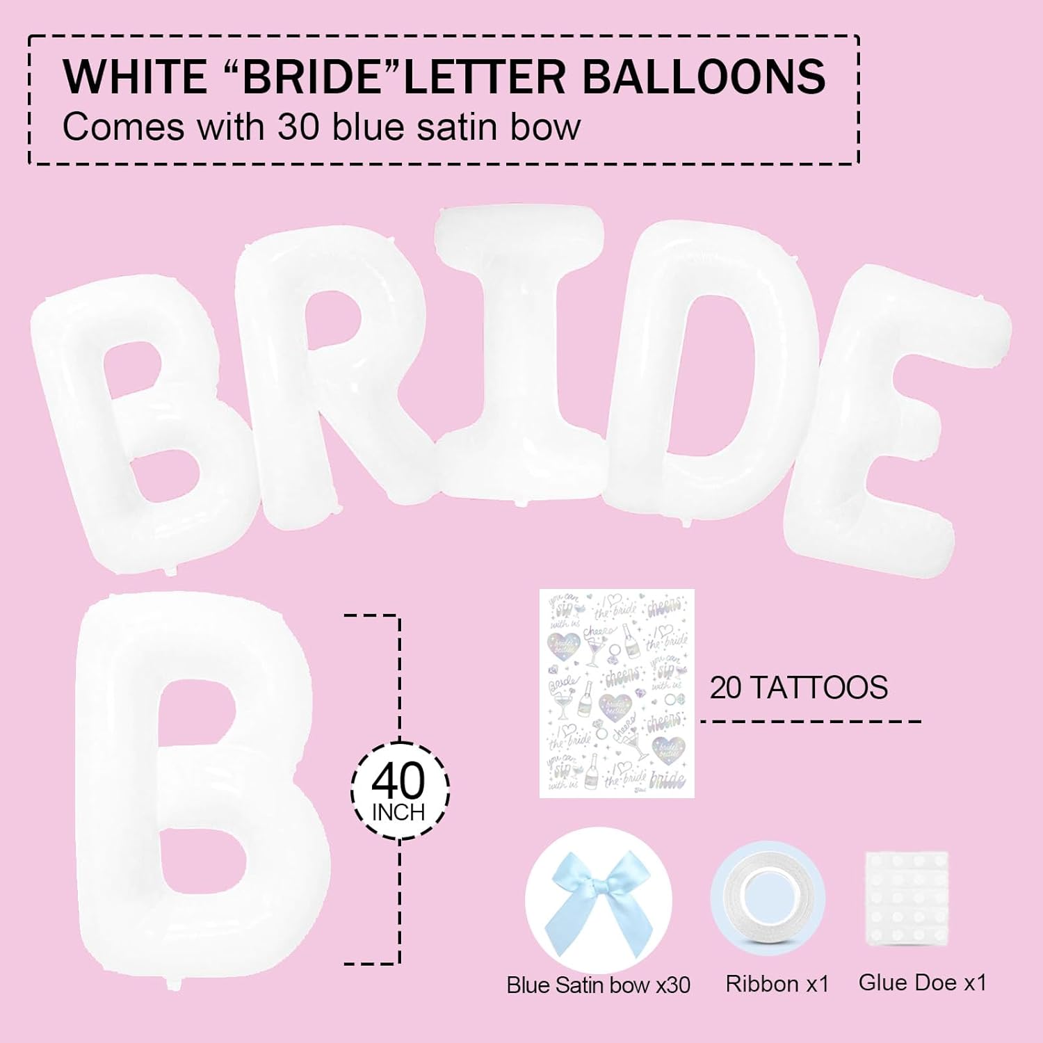 White Bride Balloons with Blue Bows and Iridescent Tattoos