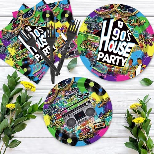90s House Party Tableware Set 96 Pcs Retro Graffiti Disposable Plates Napkins Forks for 24 Guests