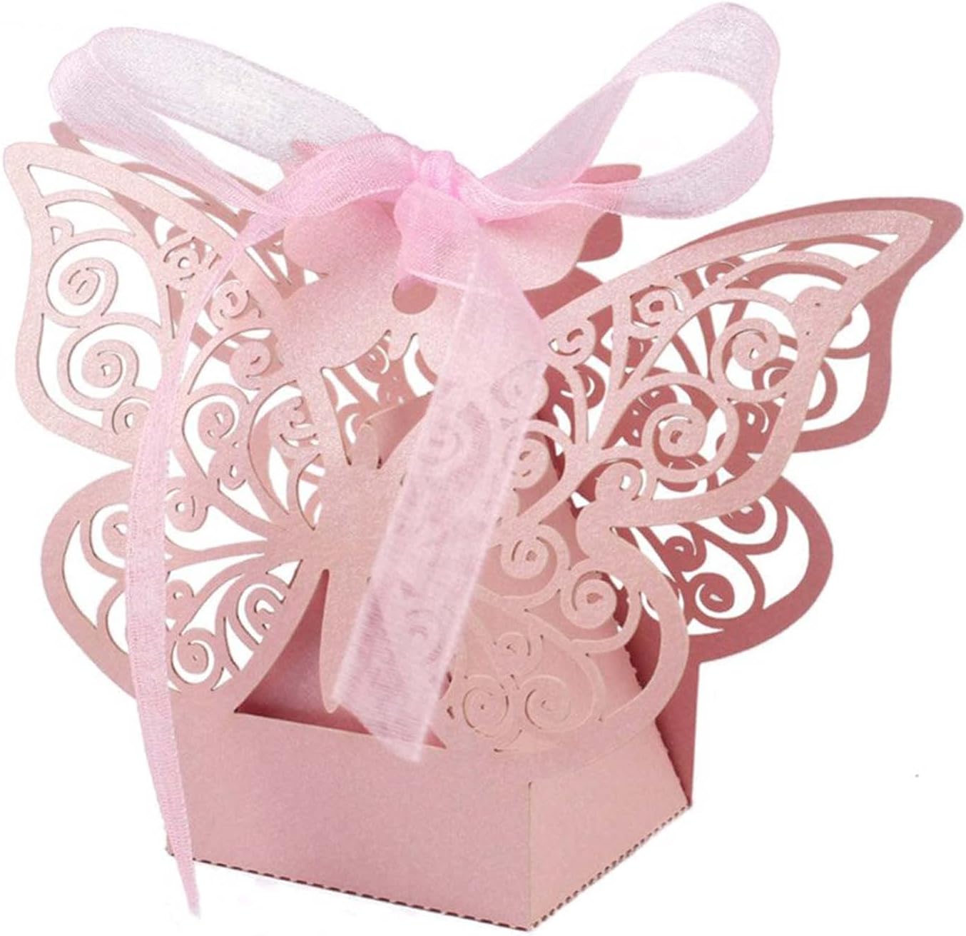 JANOU 24pcs Butterfly Candy Boxes DIY Paper Box with Ribbons Pink