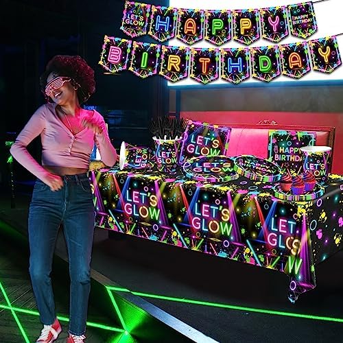 Neon Party Decor Set with 142 Pieces of Themed Tableware