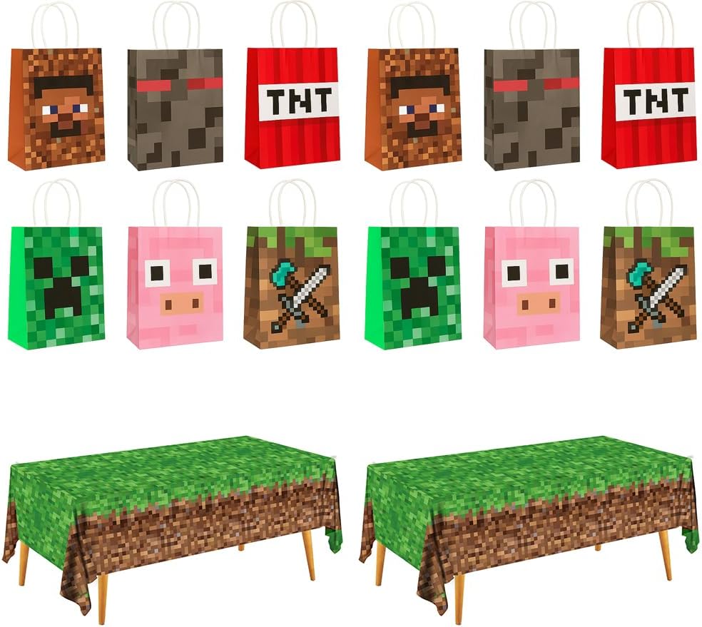 Pixel Party Favors Bulk Set - 12 Pcs Goodie Bags and 2 Pcs Tablecloth for Mining Birthday Party 1