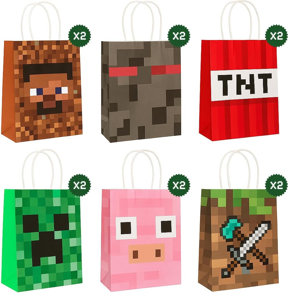 Pixel Party Favors Bulk Set - 12 Pcs Goodie Bags and 2 Pcs Tablecloth for Mining Birthday Party 1