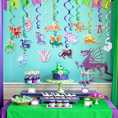Dragon Hanging Swirls Decorations 30 Pack Magical Party Supplies Ceiling Decorations for Kids Boys Childrens Party Decor
