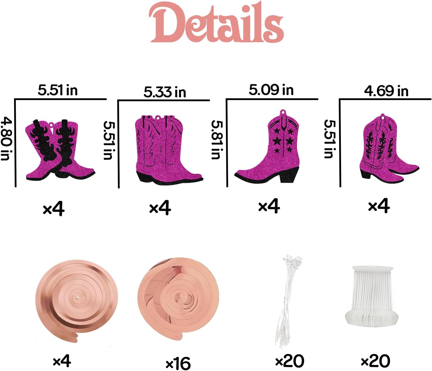 16Pcs Cowgirl Boots Streamers Western Party Decorations Double-Sided Black Rose Red Glitter