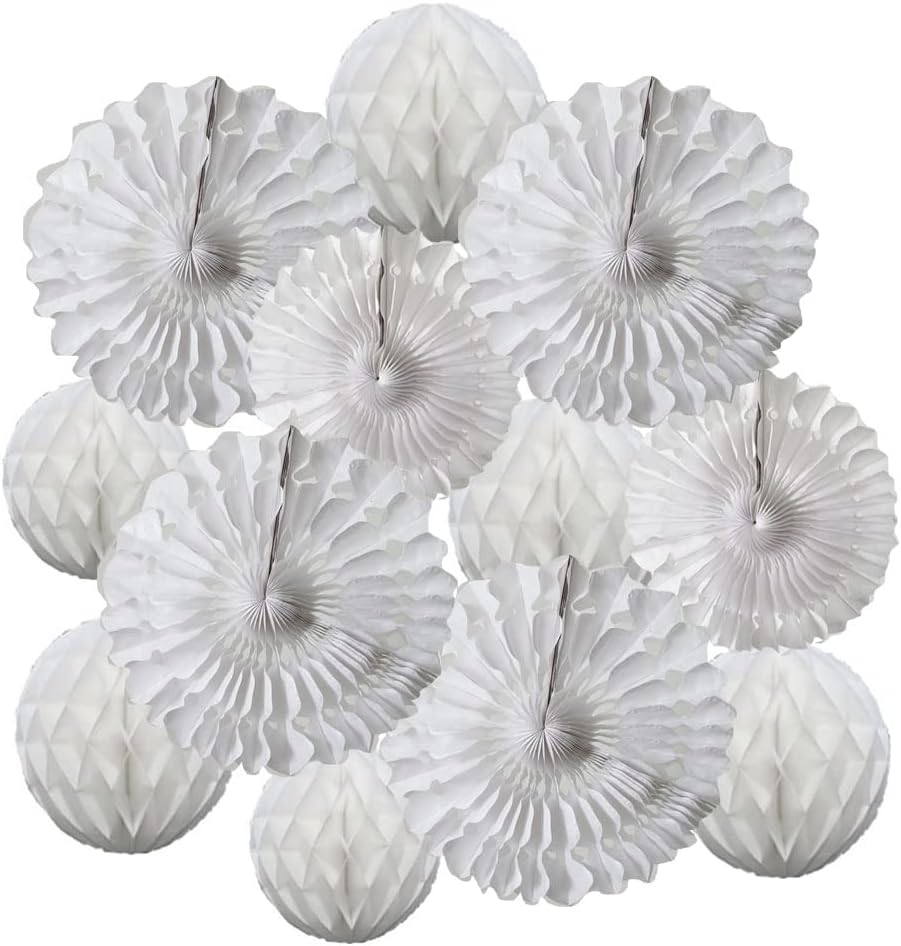 Yangeey 12pcs White Honeycomb Ball Fans for Party Decorations