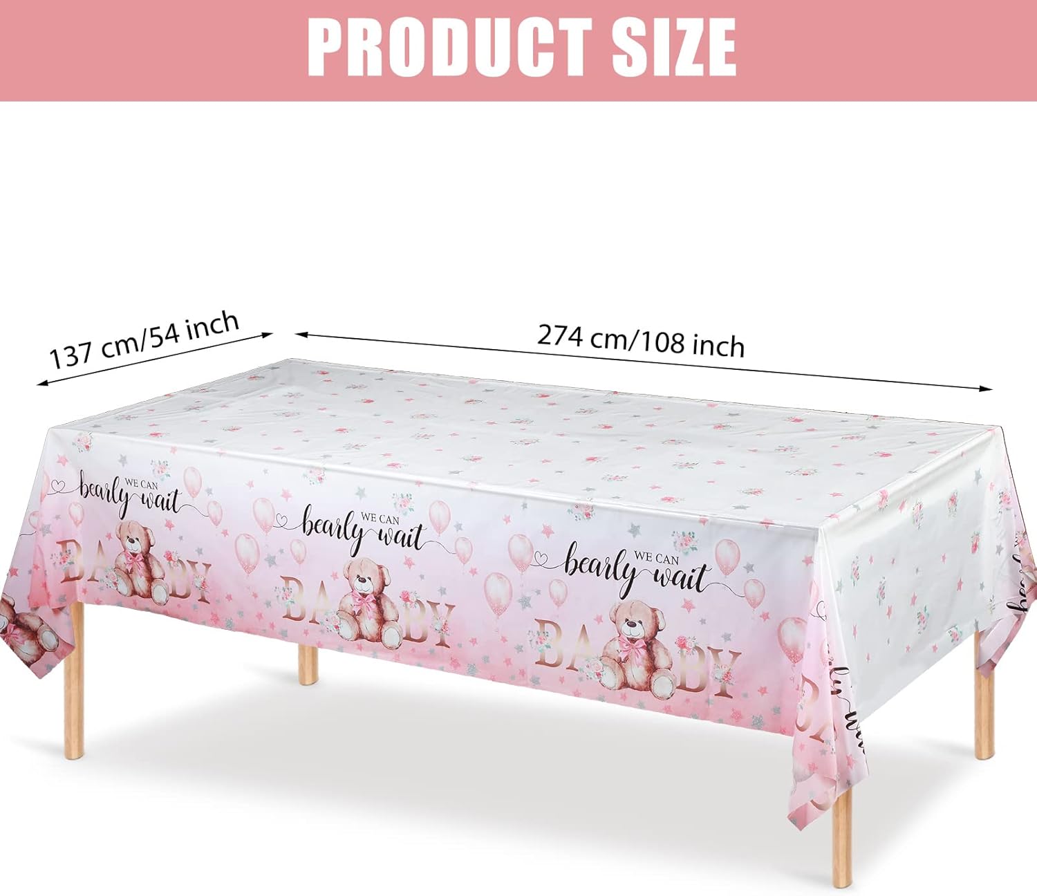 Tegeme Bear Baby Shower Tablecloth 54x108 Inch Pink 3 Pack