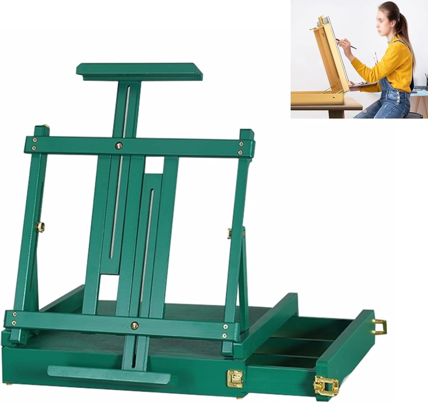 Wood Drawer Table Sketch Box Portable Art Storage Case with 4 Compartments