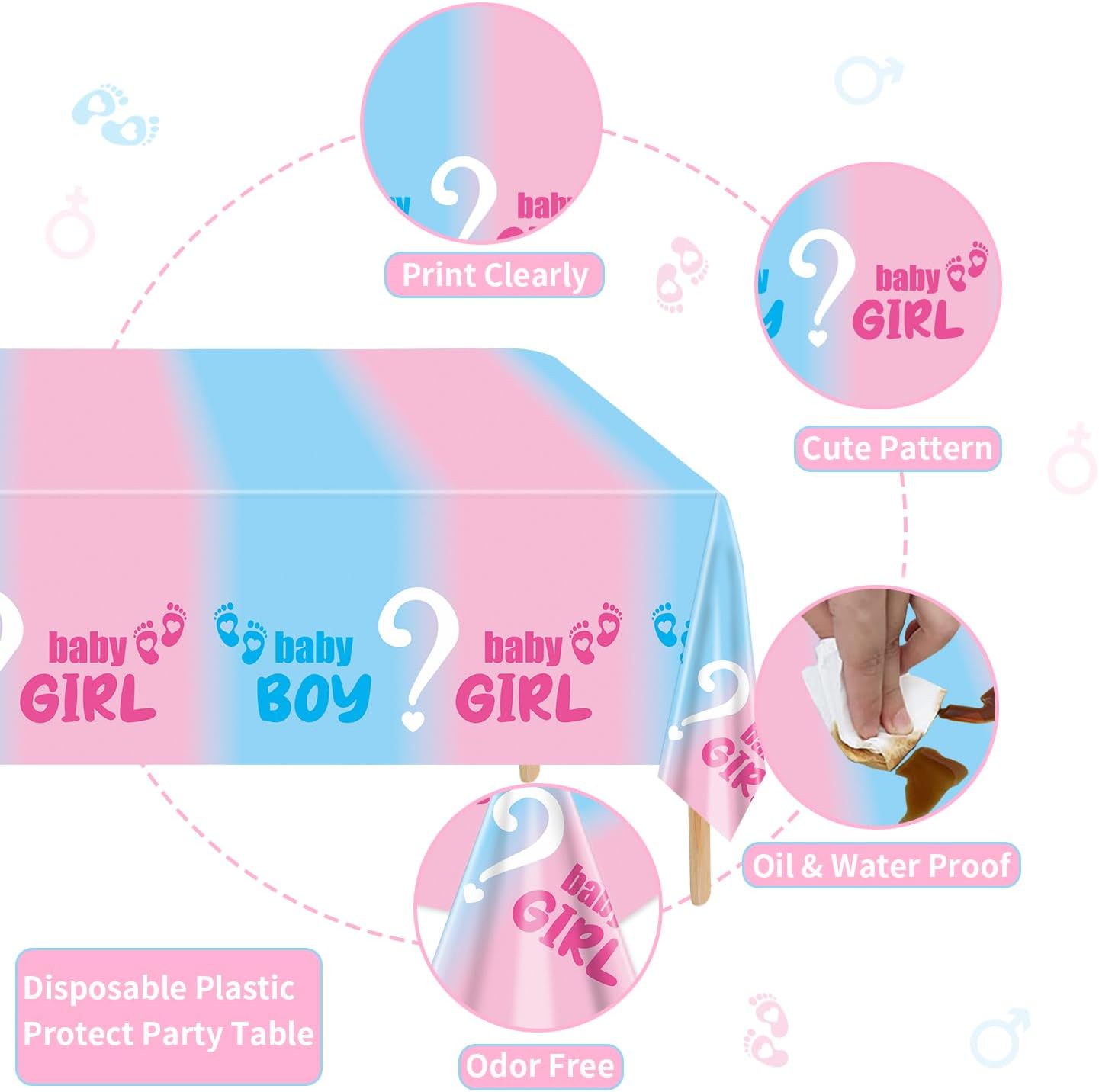 4Pcs Gender Reveal Tablecloth - Pink Blue Rectangular Table Cover for Baby Shower Decorations
