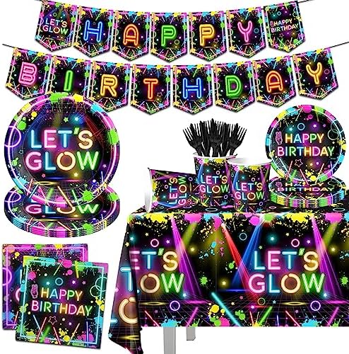 Neon Party Decor Set with 142 Pieces of Themed Tableware