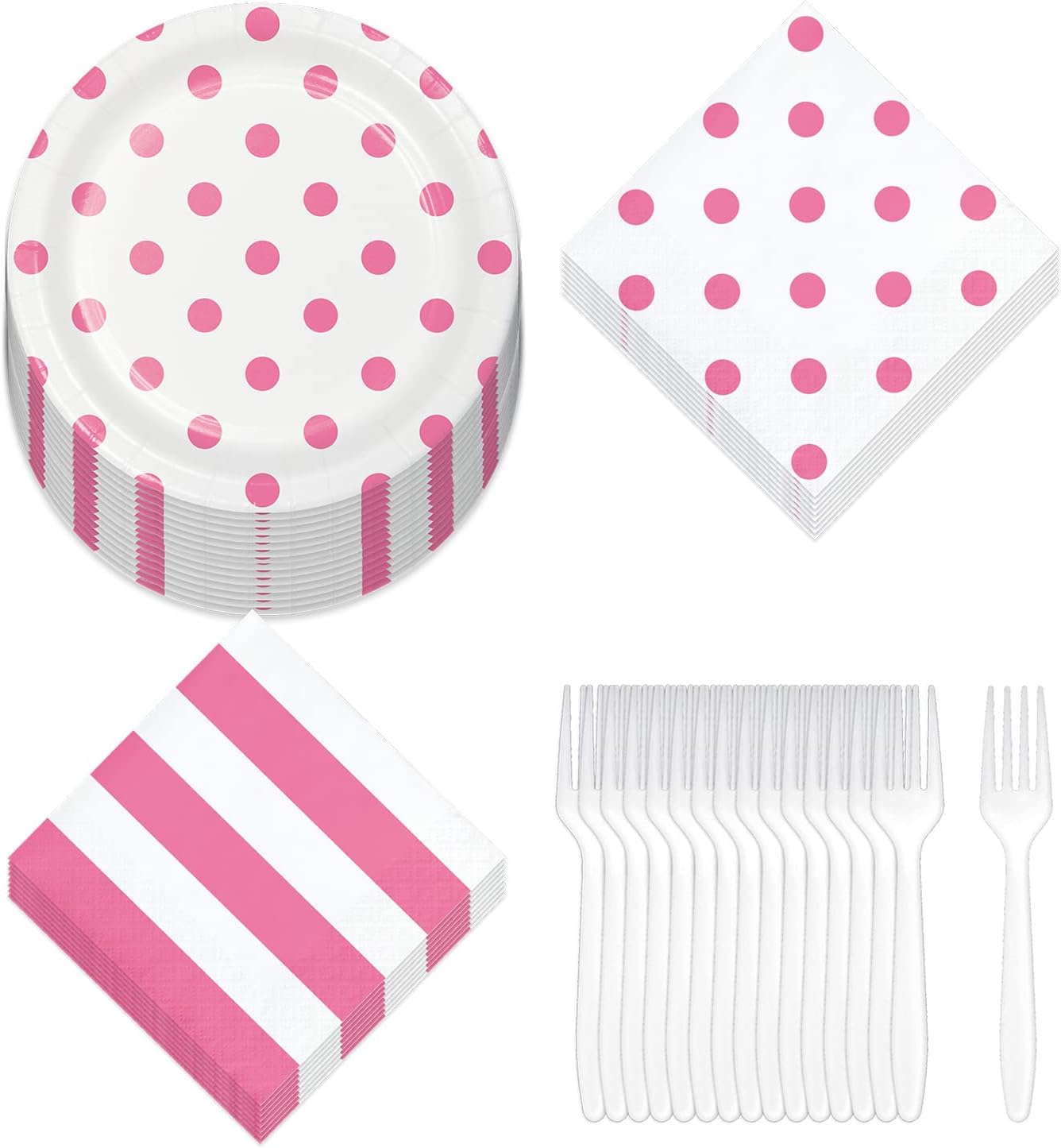 Pink Party Supplies - Polka Dots and Stripes Set of 16
