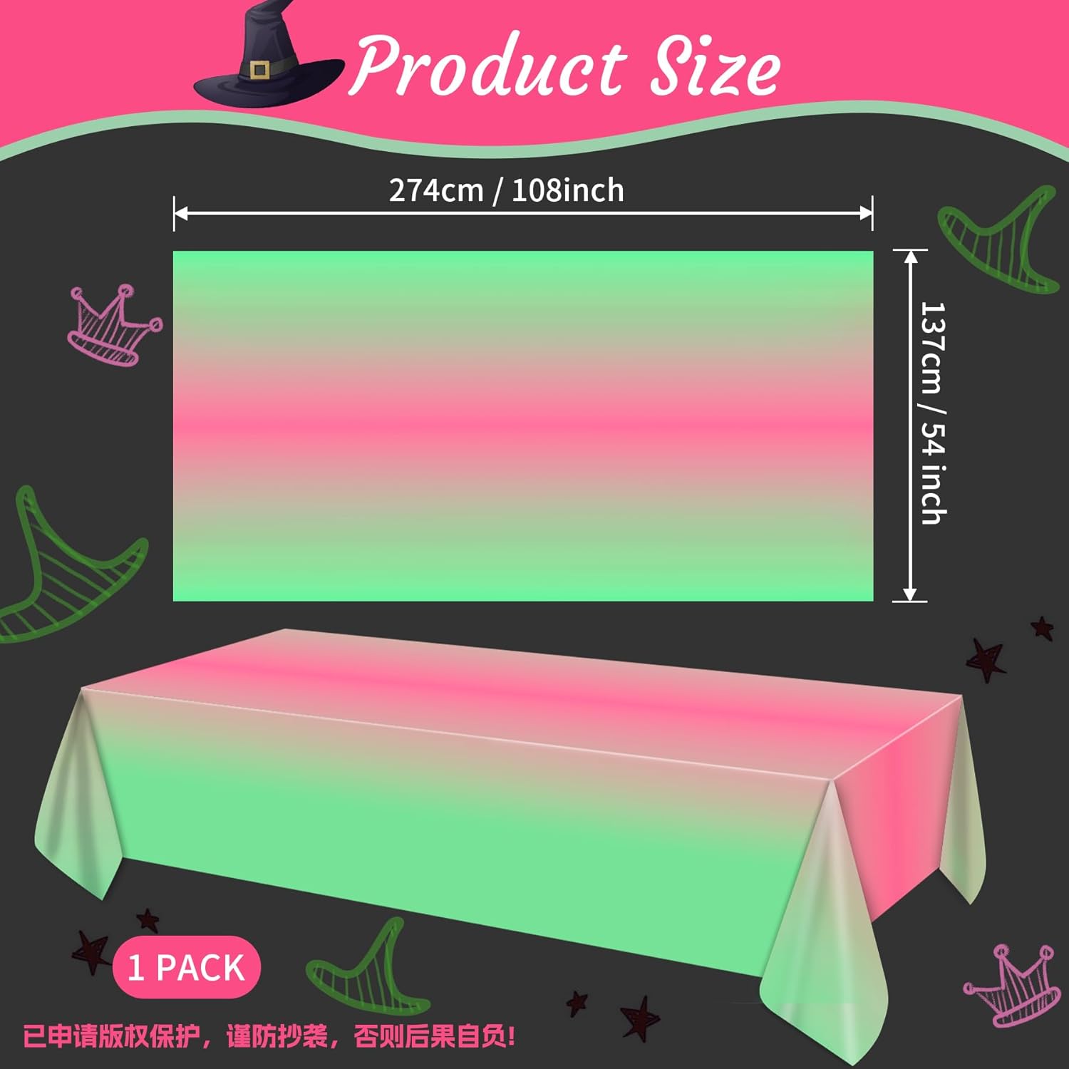 AFZMON Witch Themed Tablecloth 54x108 Inch Pink Green