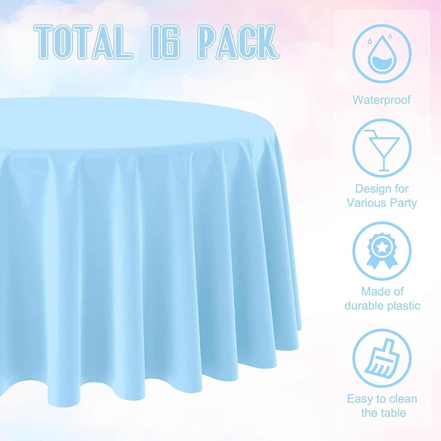 16 Pack Light Blue Plastic Tablecloth for 84 Inch Round Tables