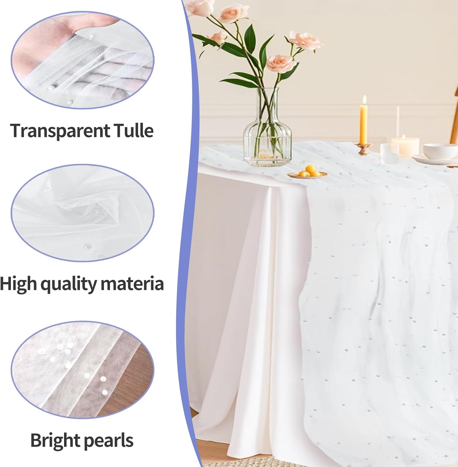 Set of 6 Pearl Table Runner White 10ft Tulle Chiffon