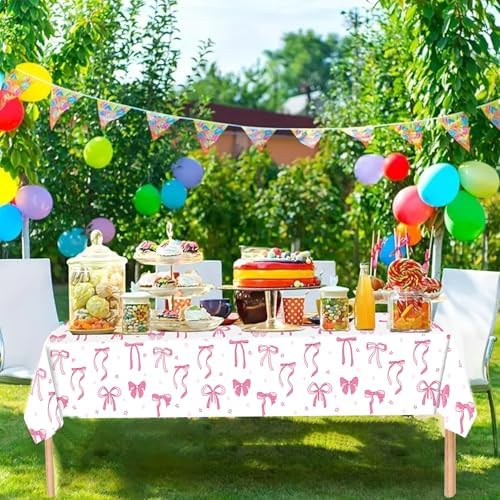 3Pcs Pink Bow Birthday Tablecloths Set for Girls Party