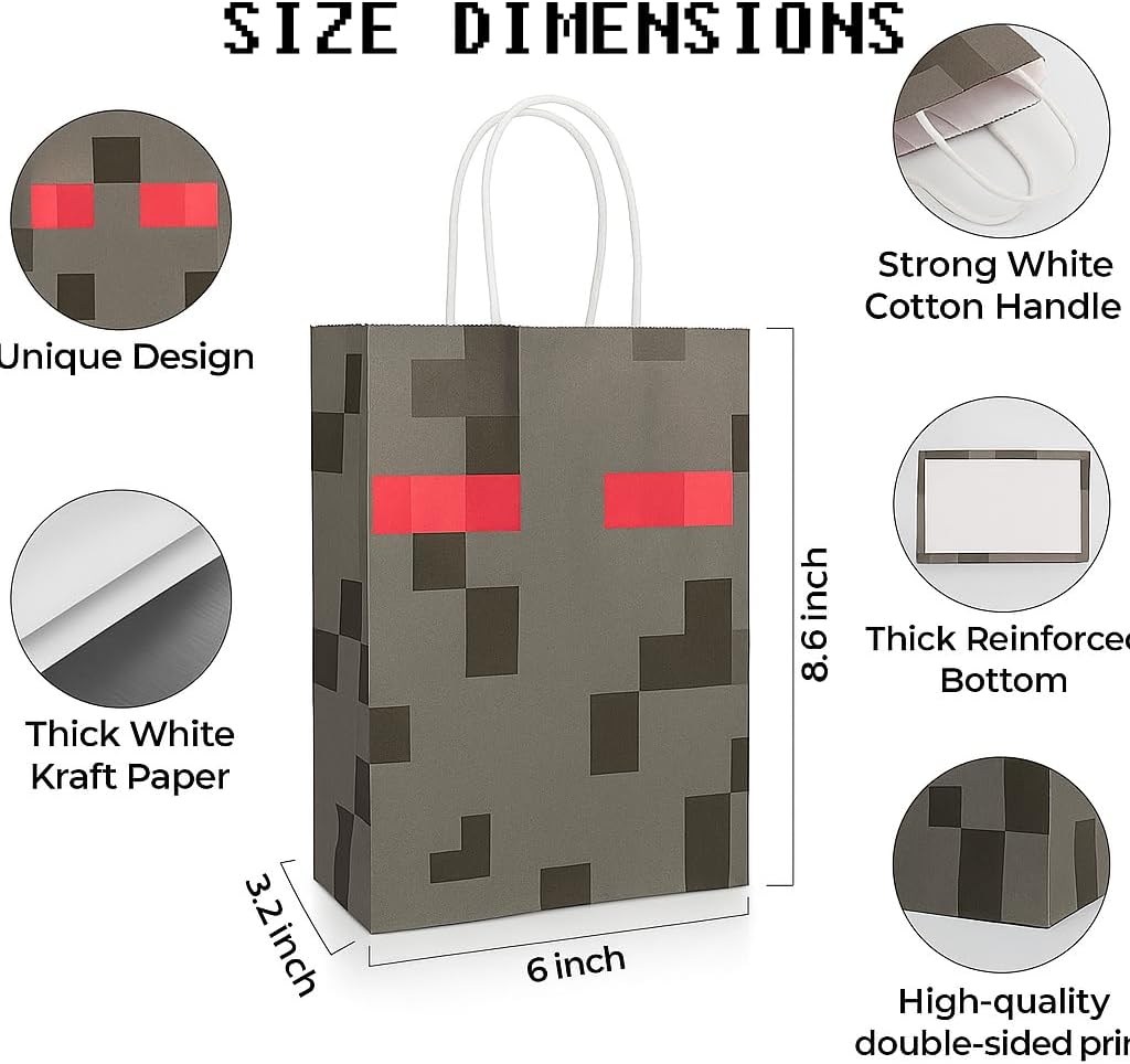 Pixel Party Favors Bulk Set - 12 Pcs Goodie Bags and 2 Pcs Tablecloth for Mining Birthday Party 1