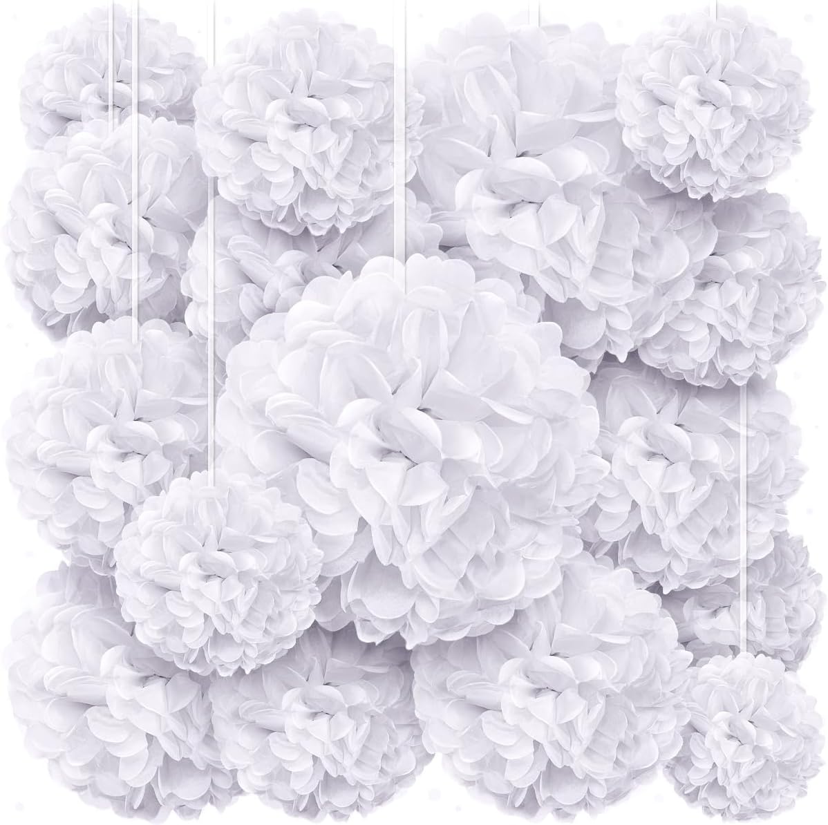 White Tissue Paper Pom Poms - Assorted Sizes - 16 Piece Set