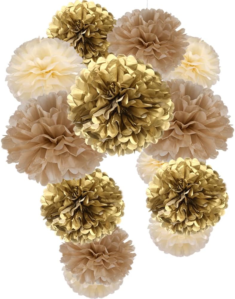 Gold Champagne Gold and Ivory White Tissue Pom Poms 12pc