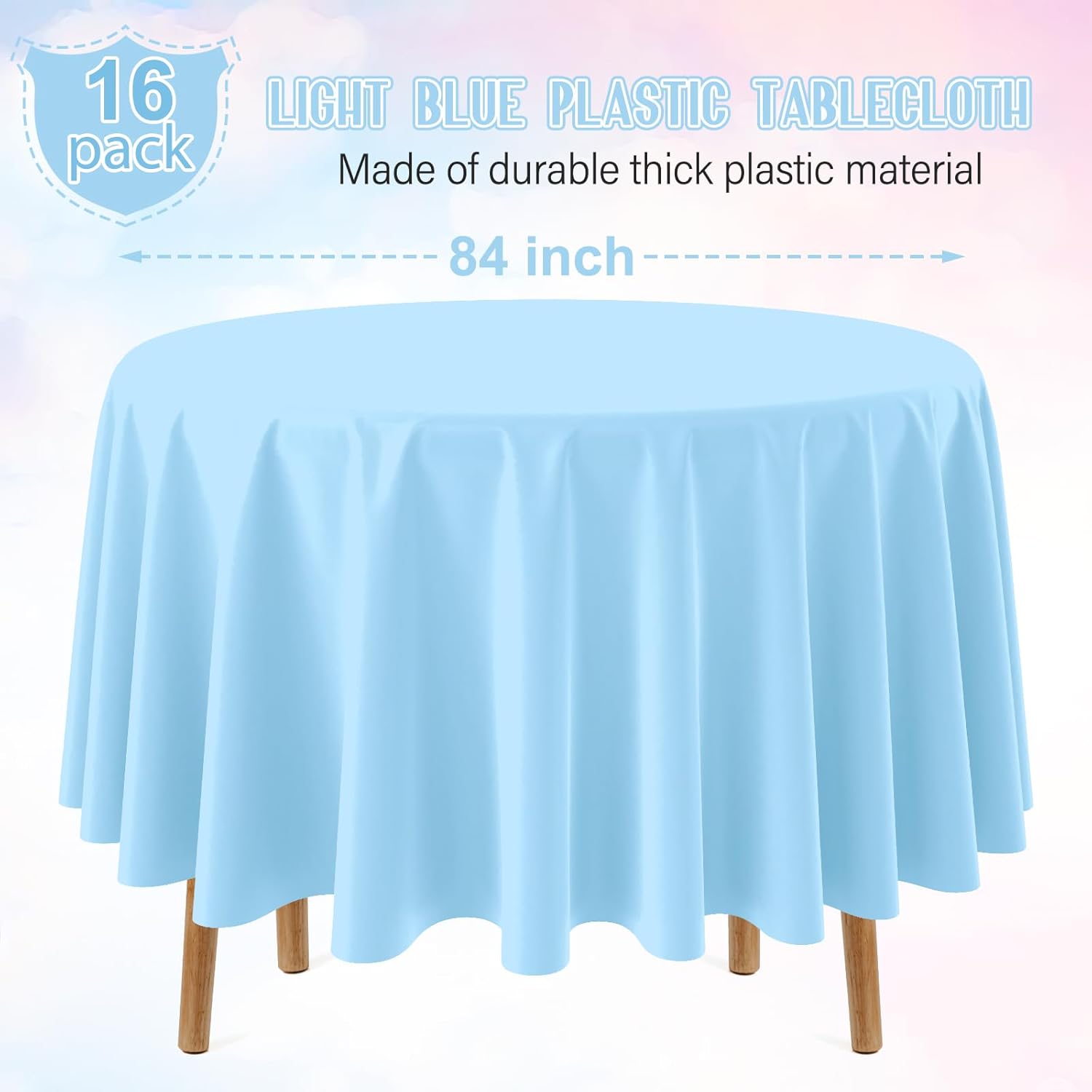 16 Pack Light Blue Plastic Tablecloth for 84 Inch Round Tables