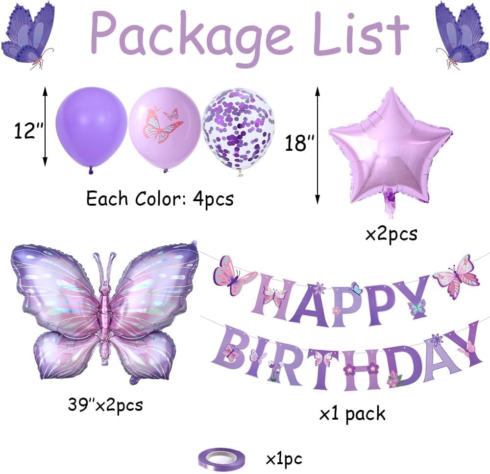 18 Pcs Purple Butterfly Balloons Birthday Decorations Set