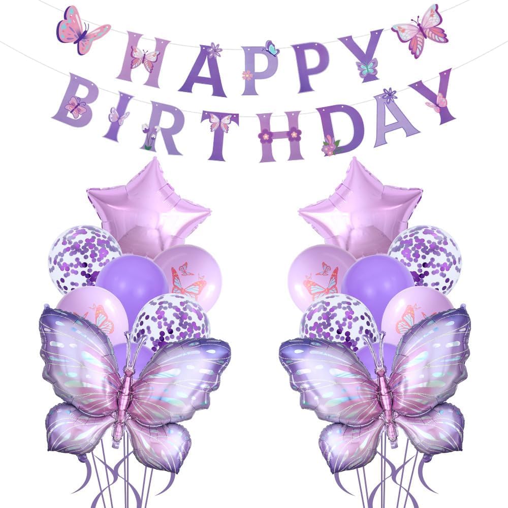 18 Pcs Purple Butterfly Balloons Birthday Decorations Set