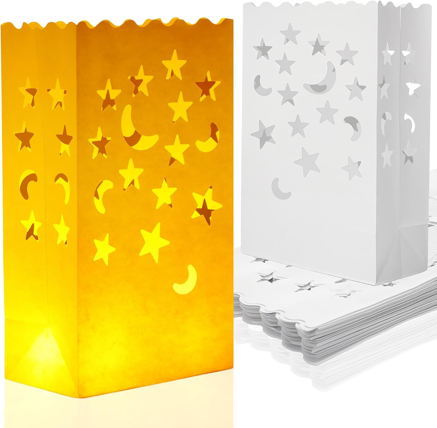 Honoson 24 Pcs White Luminary Candle Bags with Star and Moon Cutouts
