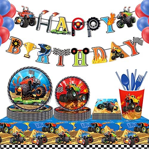 2 PCS Monster Truck Party Tablecloths 87 x 51 Rectangular Plastic Covers for Kids Parties and Decorations