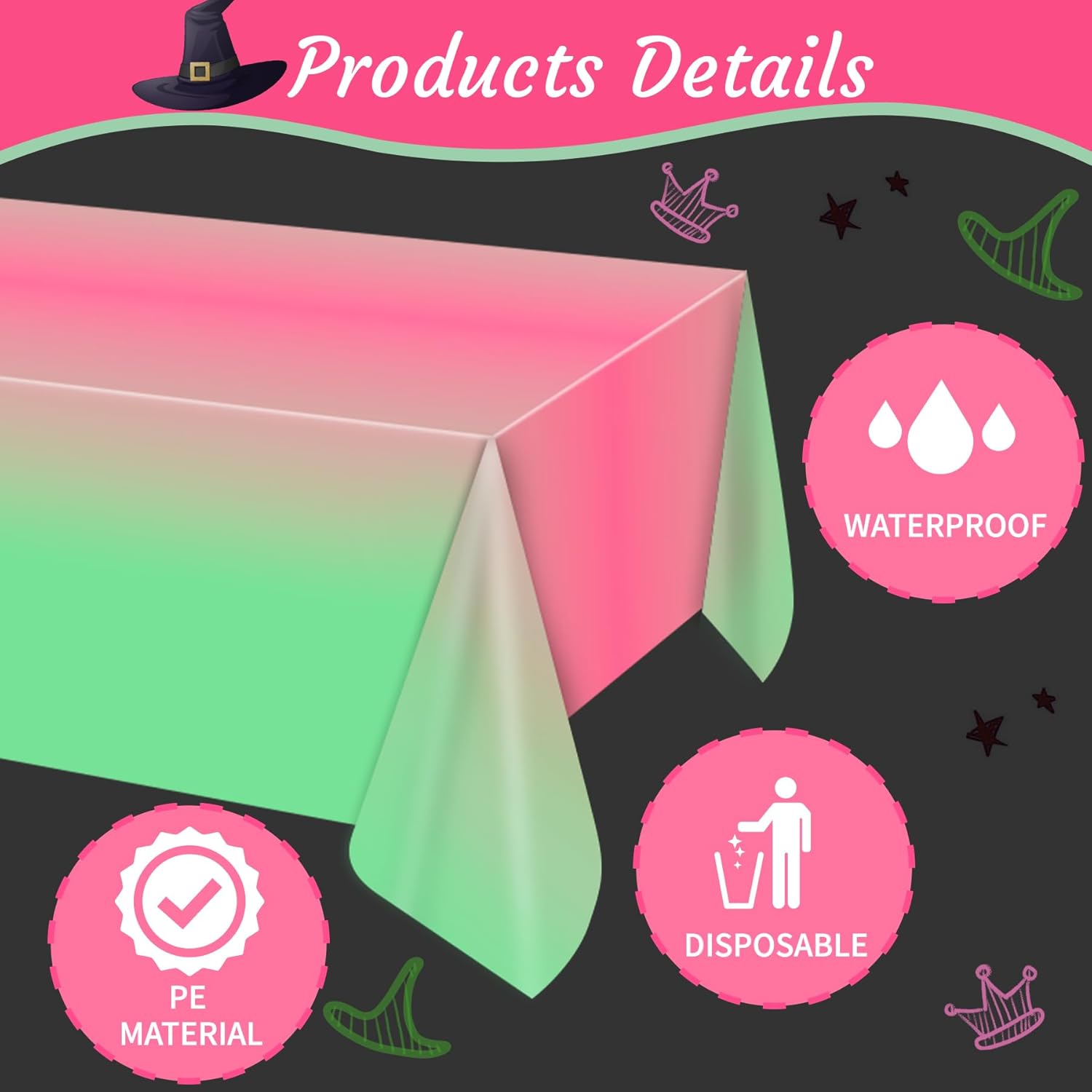 AFZMON Witch Themed Tablecloth 54x108 Inch Pink Green