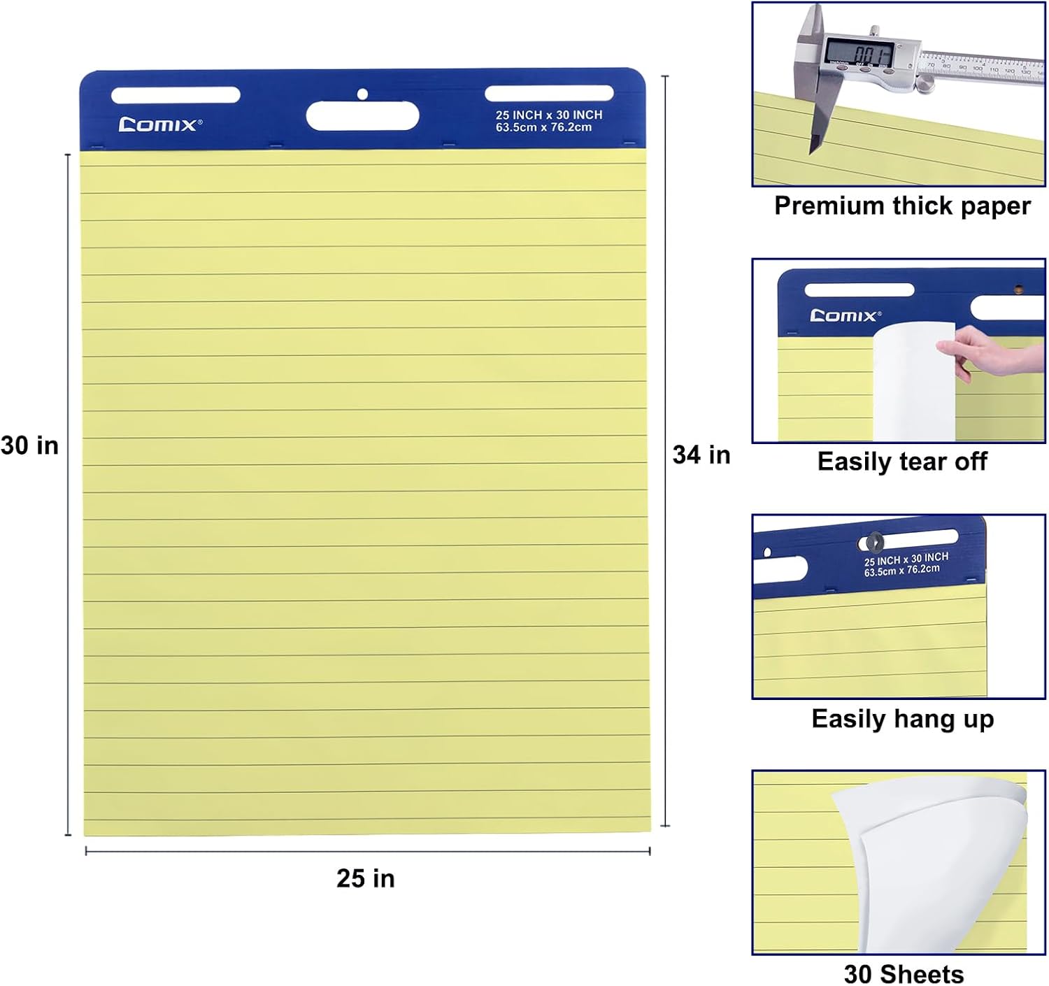 Comix Sticky Easel Pad 25x30 Inches Yellow Lined Chart Paper 30 Sheets 2 Pads Pack