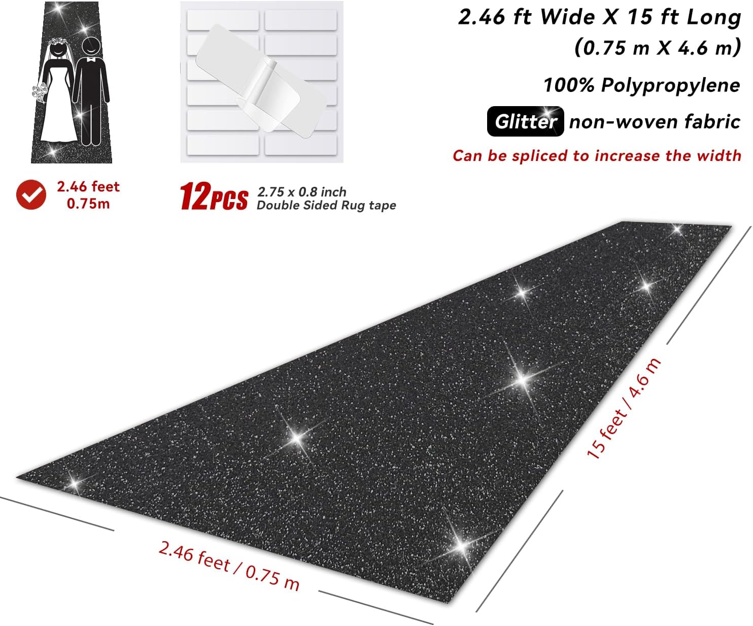 EZLucky Glitter Black Carpet Runner for Party 246X15ft