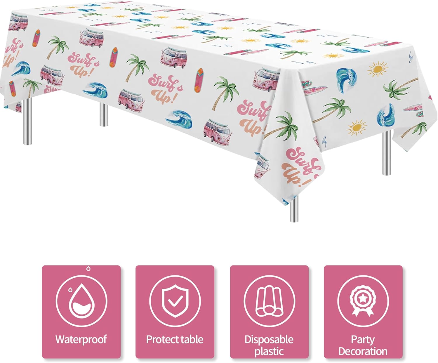 Surfs Up Party Tablecloth - 3 Pack Pink Beach Birthday Decorations
