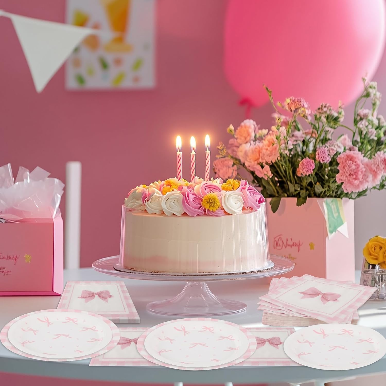 60PCS Pink Bow Party Supplies Set for 20 Guests