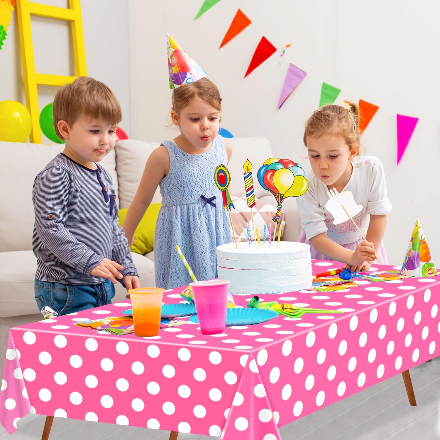 4 Pack Pink White Polka Dots Rectangular Tablecloths for Parties and Home Use