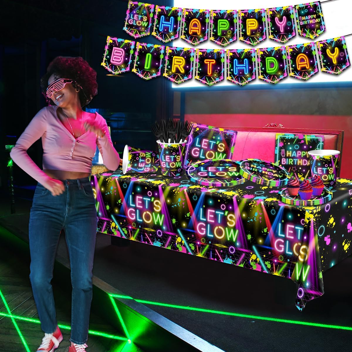 Neon Party Decor Set with 142 Pieces of Themed Tableware