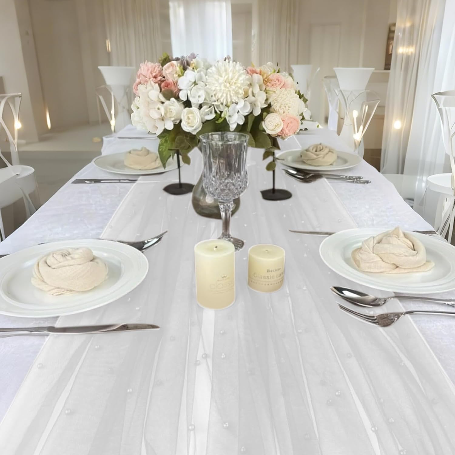 Set of 6 Pearl Table Runner White 10ft Tulle Chiffon