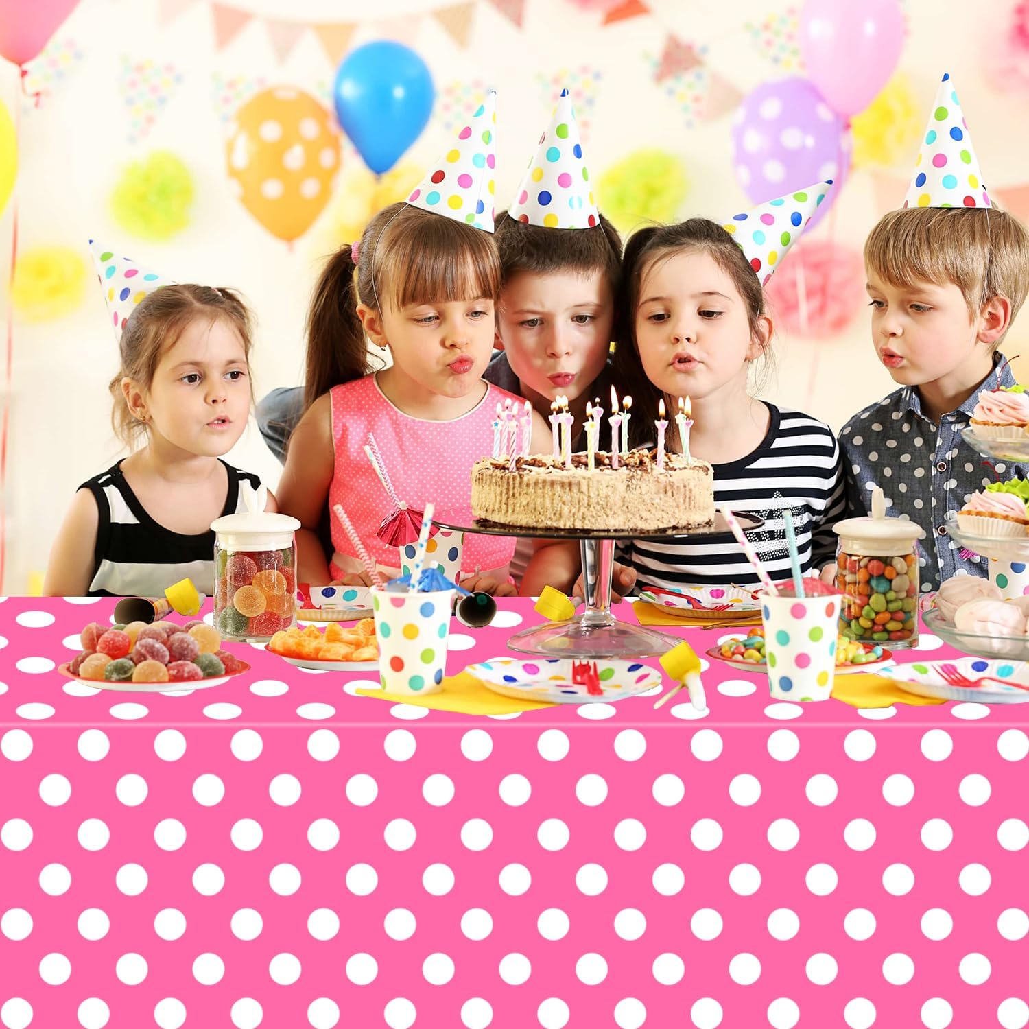 4 Pack Pink White Polka Dots Rectangular Tablecloths for Parties and Home Use