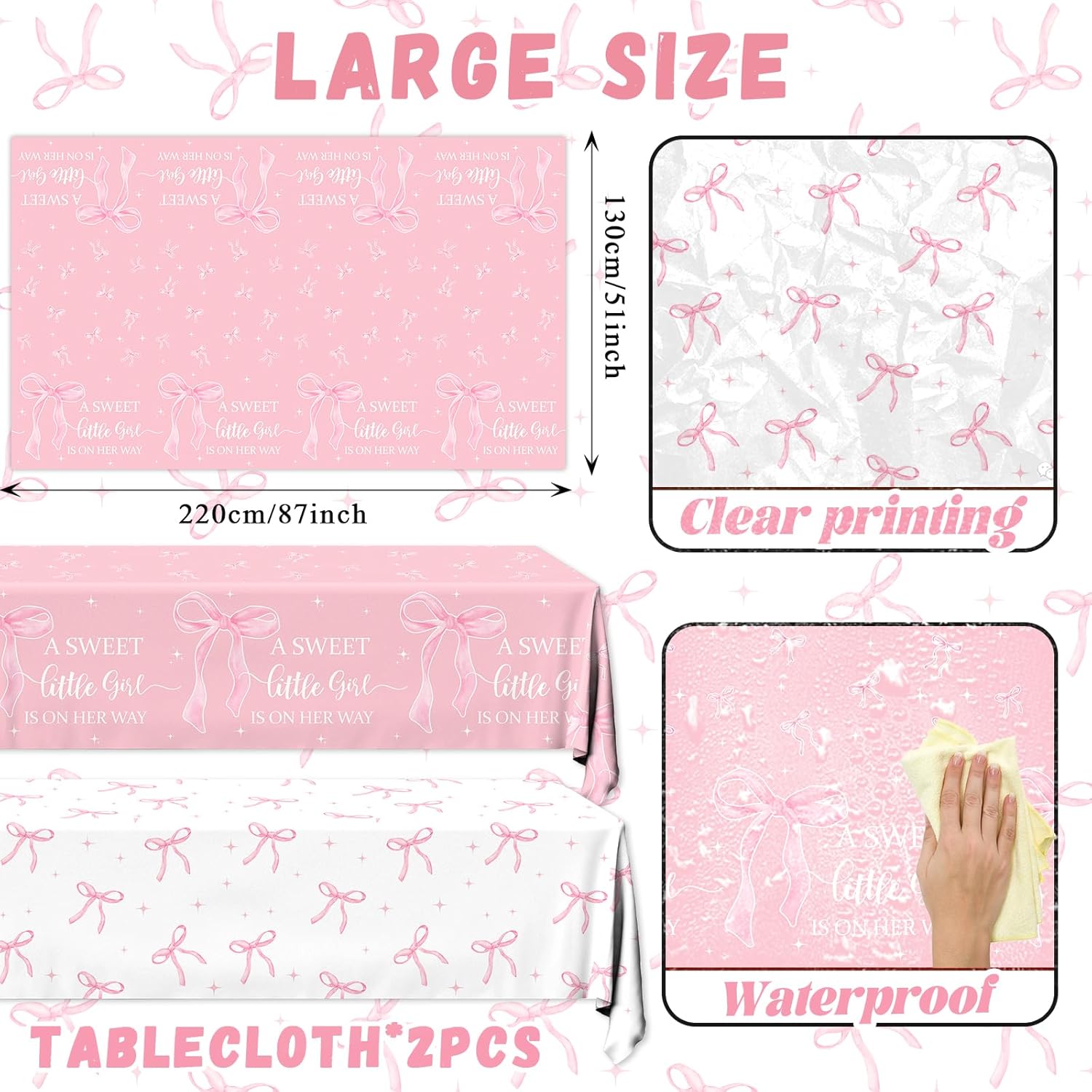 2Pcs Pink Bow Baby Shower Tablecloths for Girl Parties