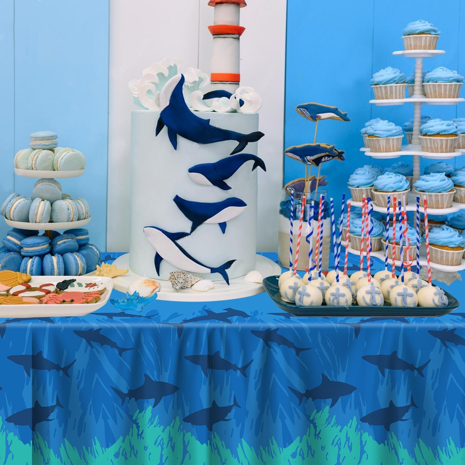 4Pcs Shark Tablecloth Ocean Theme Birthday Table Cover
