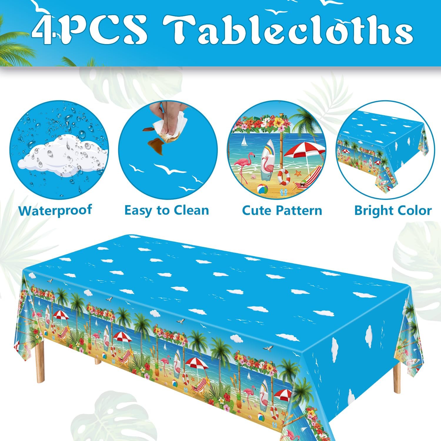 4 Pack Beach Party Tablecloths with Flamingo Surfboard Design