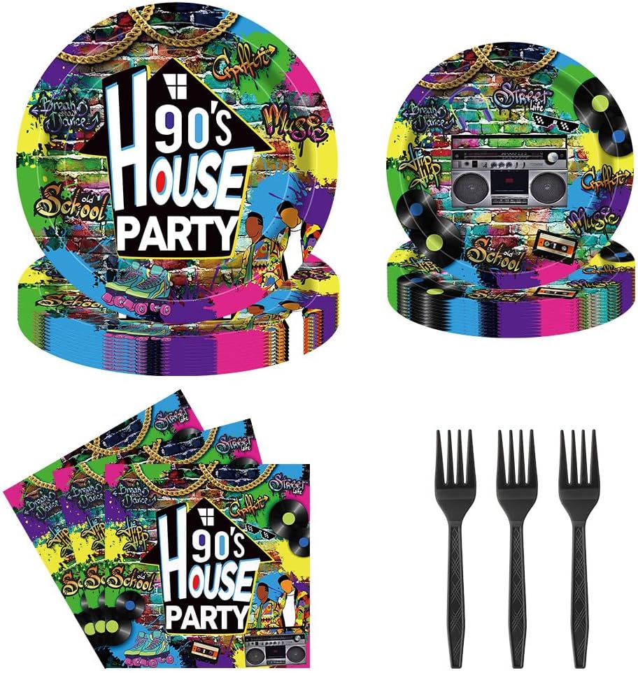 90s House Party Tableware Set 96 Pcs Retro Graffiti Disposable Plates Napkins Forks for 24 Guests