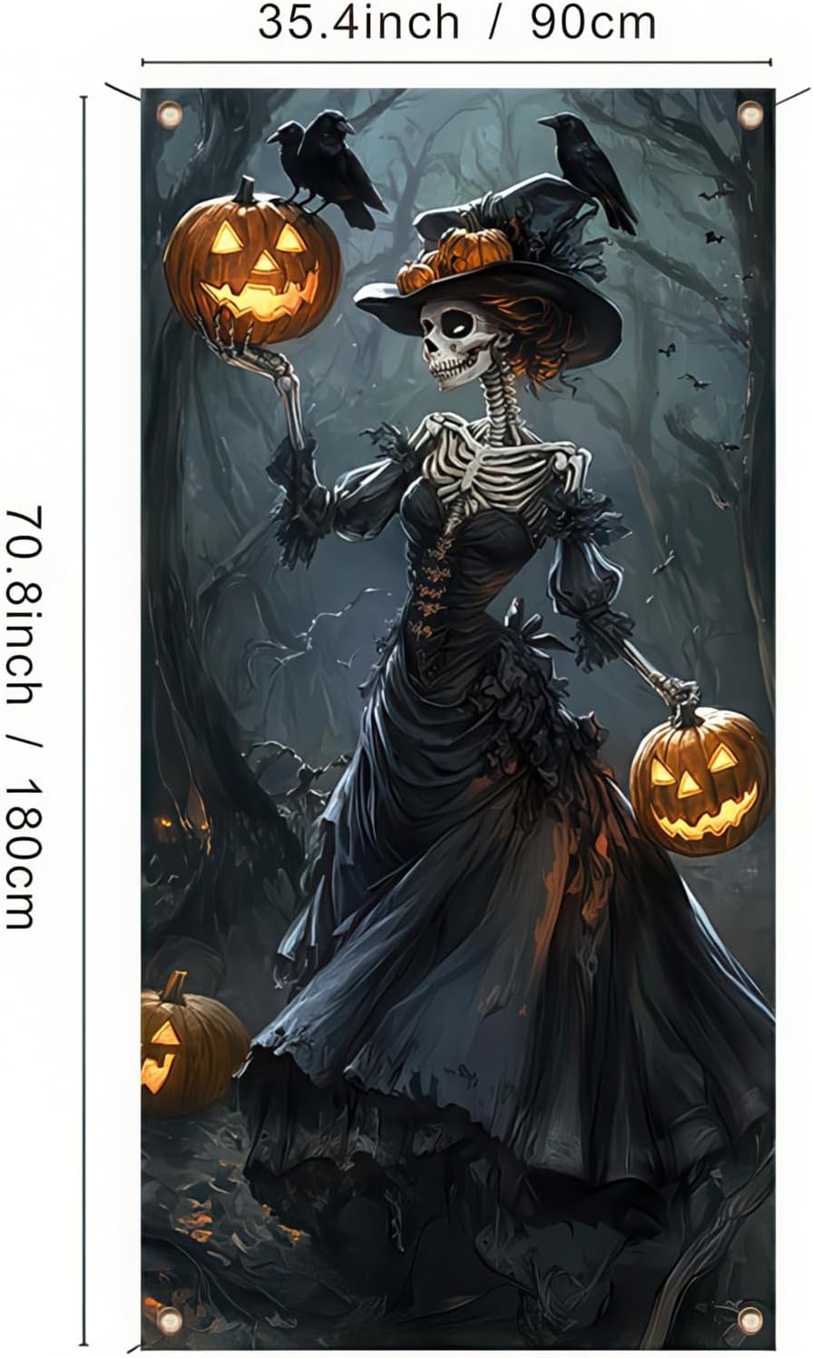 Skeleton Witch Halloween Door Cover 35x71 Inch