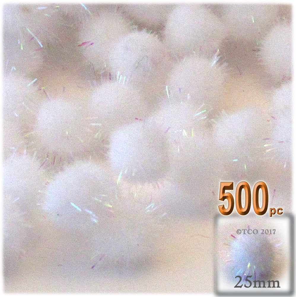 The Crafts Outlet Chenille Sparkly Pom Poms Clear Porcupine 25mm 500pc White