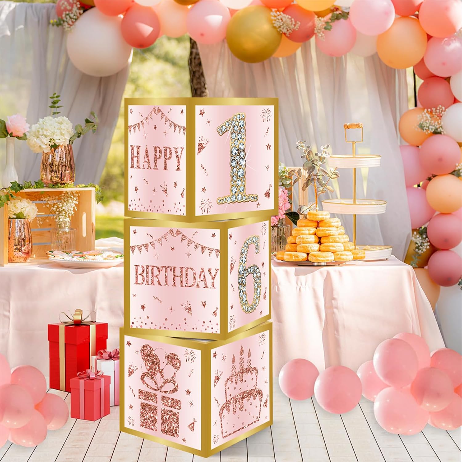 Birthday Decorations Boxes With 0-9 Numbers 3PCS Pink Rose Gold Happy Birthday Balloons Boxes