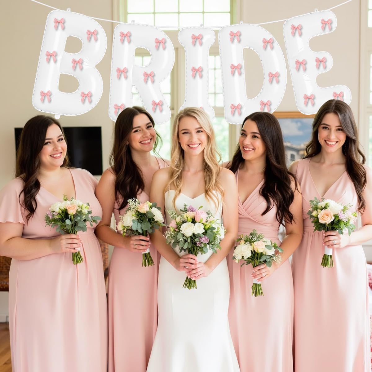 White Bride Balloons with Pink Bows Bachelorette Party Decor