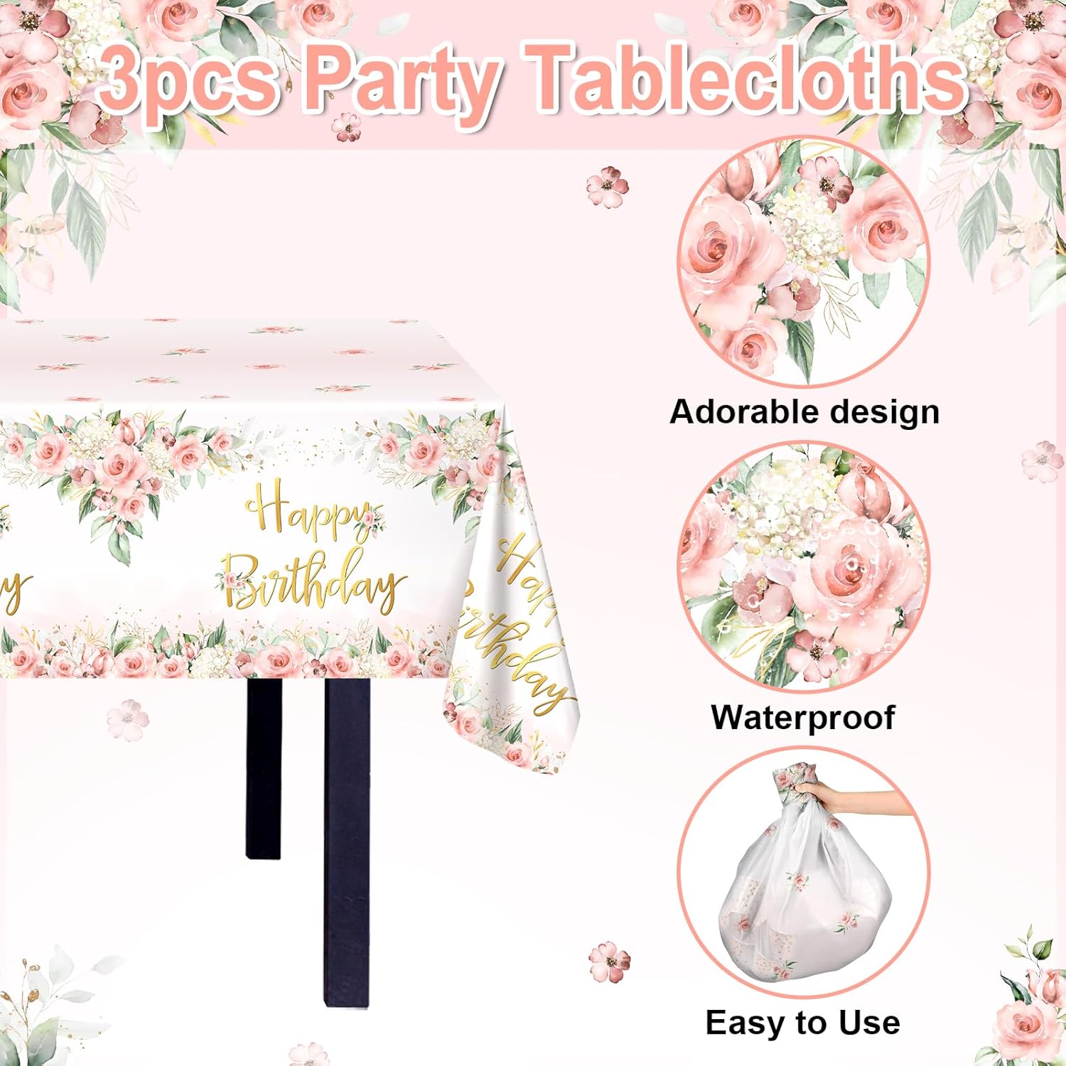 Avezano 3 Pcs Rose Gold Birthday Tablecloths for Girls Women Parties